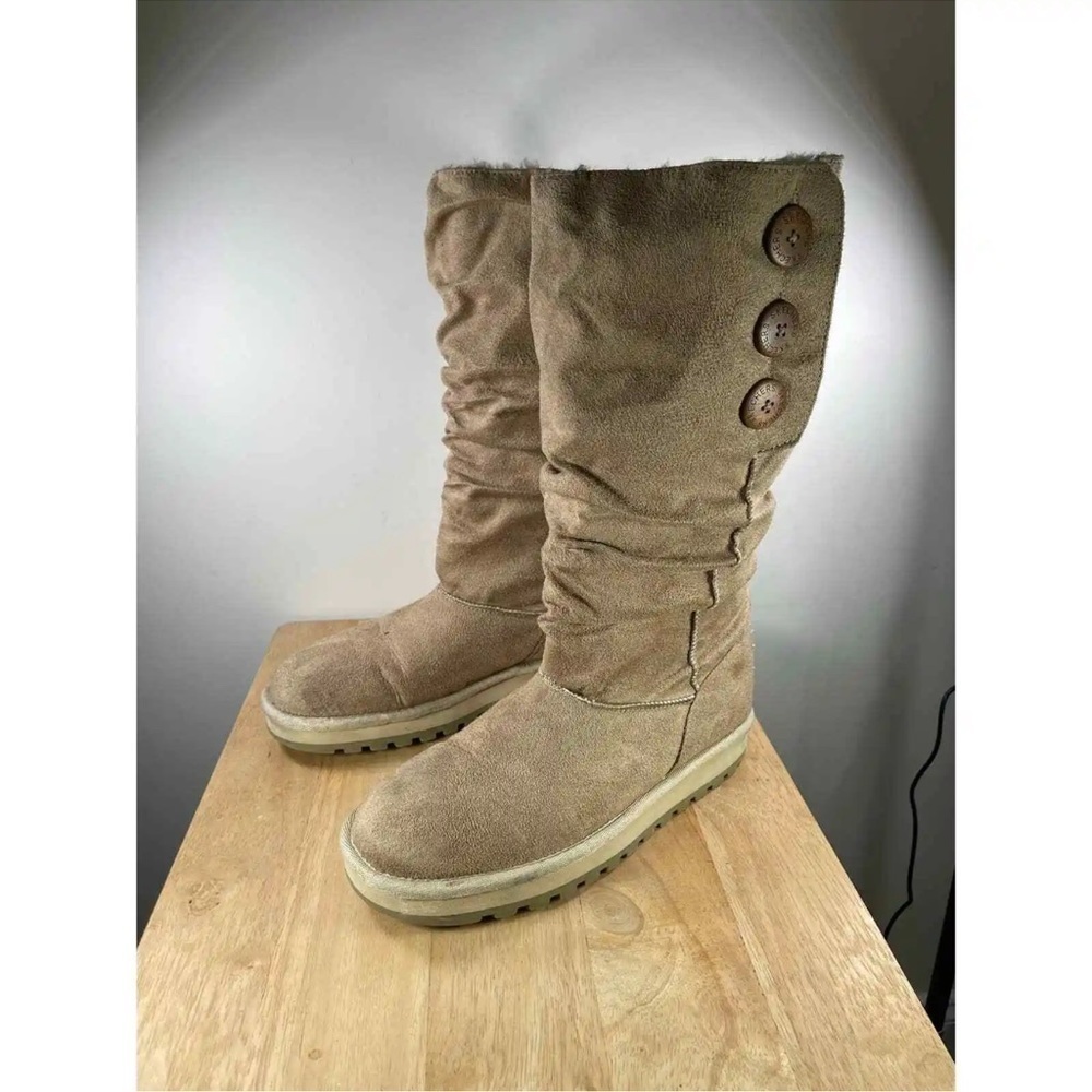 Skechers Australia Tan Faux Fur Shearling Winter Boots Slouchy Button Size 7